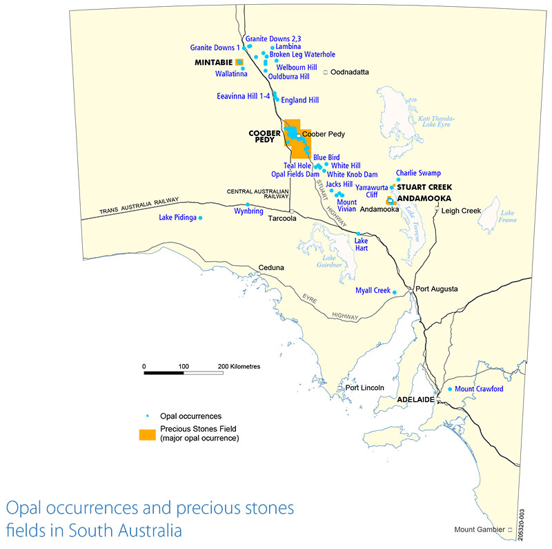 Map of opals of precious stones in SA