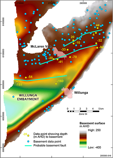 Pre-Cenozoic basement surface with data points and probable fault locations.