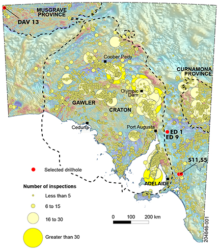 Figure 1 Location map of all open file mineral drillholes in the South Australia Drill Core Reference Library, shown on state total magnetic intensity image.