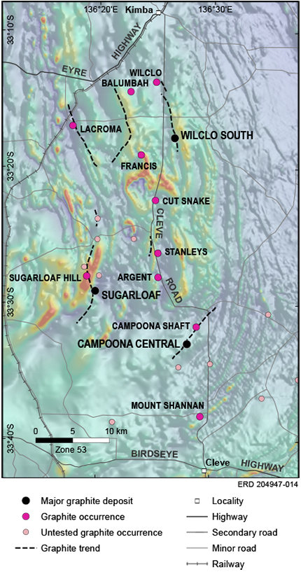 Figure 13 Graphite deposits and occurrences in the Cleve–Kimba district. (After Archer Exploration 2016)
