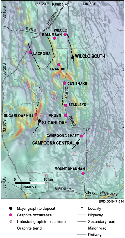 Figure 13 Graphite deposits and occurrences in the Cleve–Kimba district. (After Archer Exploration 2016) Figure 13 Graphite deposits and occurrences in the Cleve–Kimba district. (After Archer Exploration 2016)