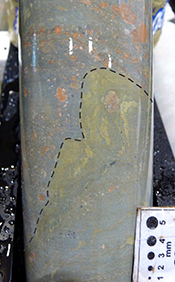 Figure 11d Silty mud injected upward into overlying volcanic breccia–sandstone due to density loading, MSDP07, 159 m. (Photo 416281)