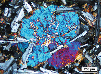 Figure 4b Subophitic texture with clinopyroxene crystal enclosing plagioclase crystals. (Sample 2014847, cross-polarised light; photo 416691)