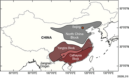 Figure 2 Regional geological setting of southeastern China showing the location of major orogenic belts and cratons.