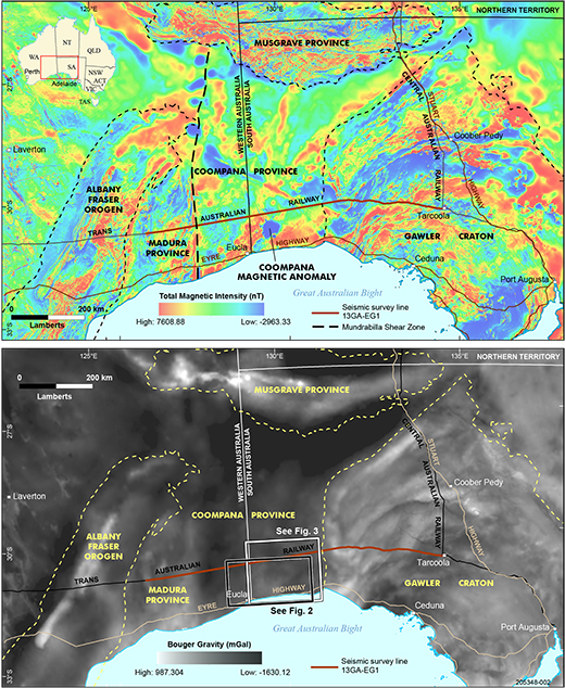 Figure 1 Regional total magnetic intensity and Bouguer gravity images, Coompana Province.