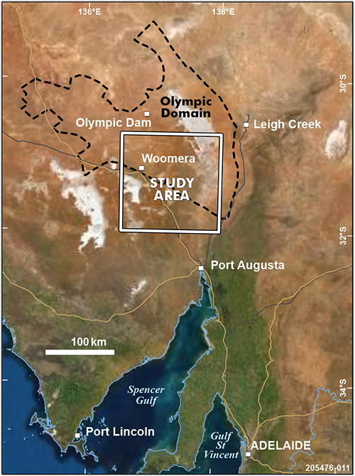 Figure 1 Location of the study area, Olympic Domain mineral deposits project.