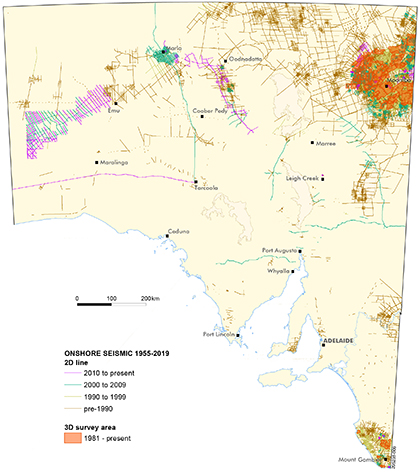 Figure 1 2D seismic lines and 3D seismic surveys in South Australia.