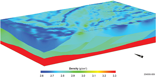 Figure 6 (a) Block model of the western Gawler Craton showing the density variations across the whole model as a result of the inversions of the Bouguer anomaly. Boundaries between the blocks are visible, particularly in the lower crust due to each block being inverted independently of its neighbouring blocks.