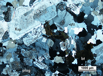 Figure 2b Photomicrograph of sample 1965413, 1,465.8–1,467.0 m, cross-polarised light showing K-feldspar and biotite within primary igneous texture of the tonalite. (Photos 415923)
