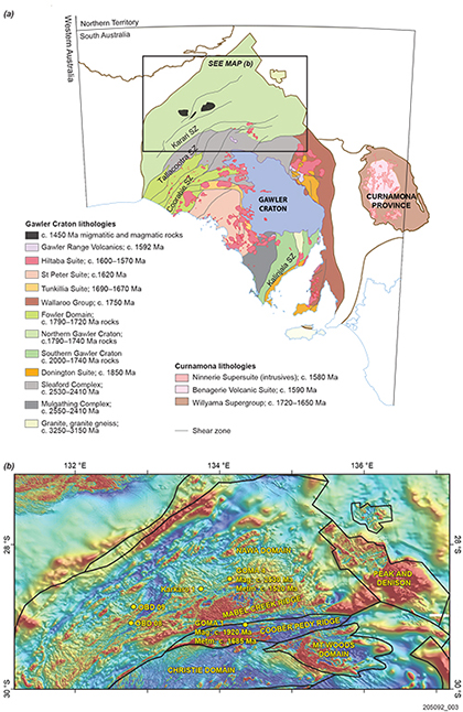 Figure 1 Simplified solid geology and total magnetic intensity map of the Gawler Craton. Figure 1 Simplified solid geology and total magnetic intensity map of the Gawler Craton.