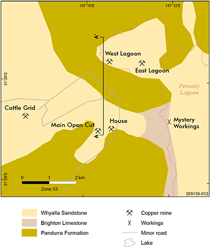 Figure 2 Subcrop geology map and locality map for the Mount Gunson mines district.
Figure 2 Subcrop geology map and locality map for the Mount Gunson mines district.