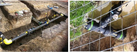Photos of high density polyethylene (HDPE) mains replacement. It shows the mains pipes in the ground.