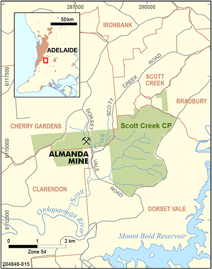 Figure 1 Location of the Almanda mine, Mount Lofty Ranges, South Australia.