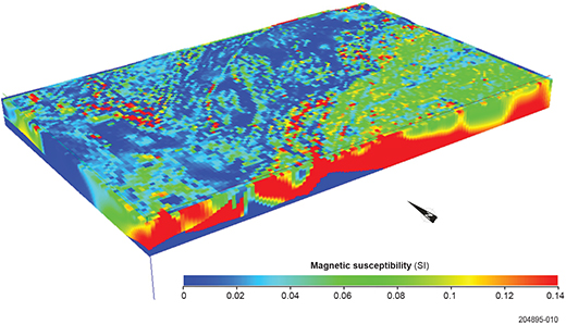 Figure 6 (b) Block model of the western Gawler Craton showing susceptibility variations resulting from the inversion of the TMI data. These inversions were only computed down to 25 km, hence, the shallower depth of model compared to the density variations which went to a depth of 60 km.