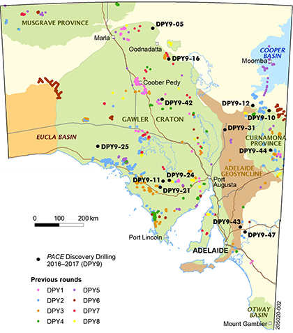 Figure 3 Locality map showing PACE Discovery Drilling projects, rounds 1 (2004) to 9 (2016–17).