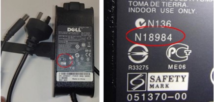 Photos showing an example of approval labelling for regulatory authority NSW Fair Trading from a laptop charger