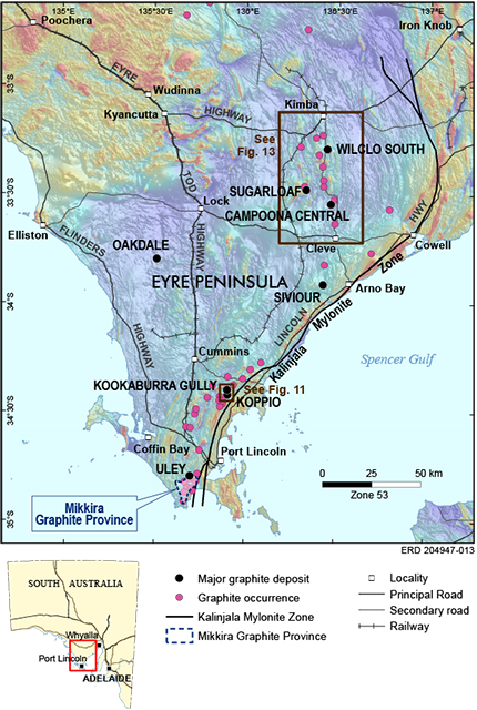 Figure 7 Graphite deposits and occurrences on Eyre Peninsula. Figure 7 Graphite deposits and occurrences on Eyre Peninsula.