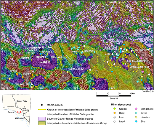 Figure 14 Known and interpreted location of Hiltaba Suite granite along the southern GRV margin.