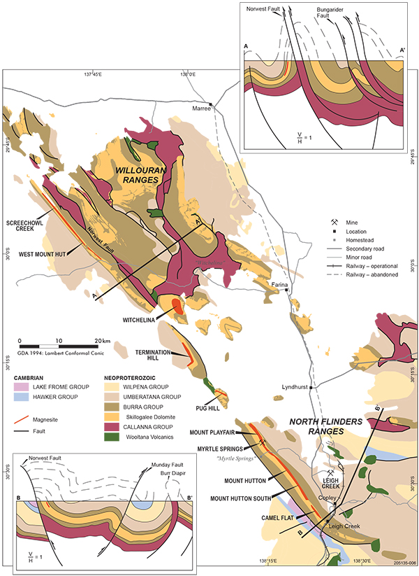 Figure 3 Geology and location of sedimentary magnesite deposits and prospects in the northern Flinders and Willouran ranges.