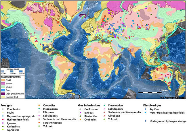 Locations and geological environments of recorded hydrogen measured at >10% volume around the world.