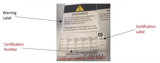 Photo of an Information Data Plate including certification number, warning label, and certification label