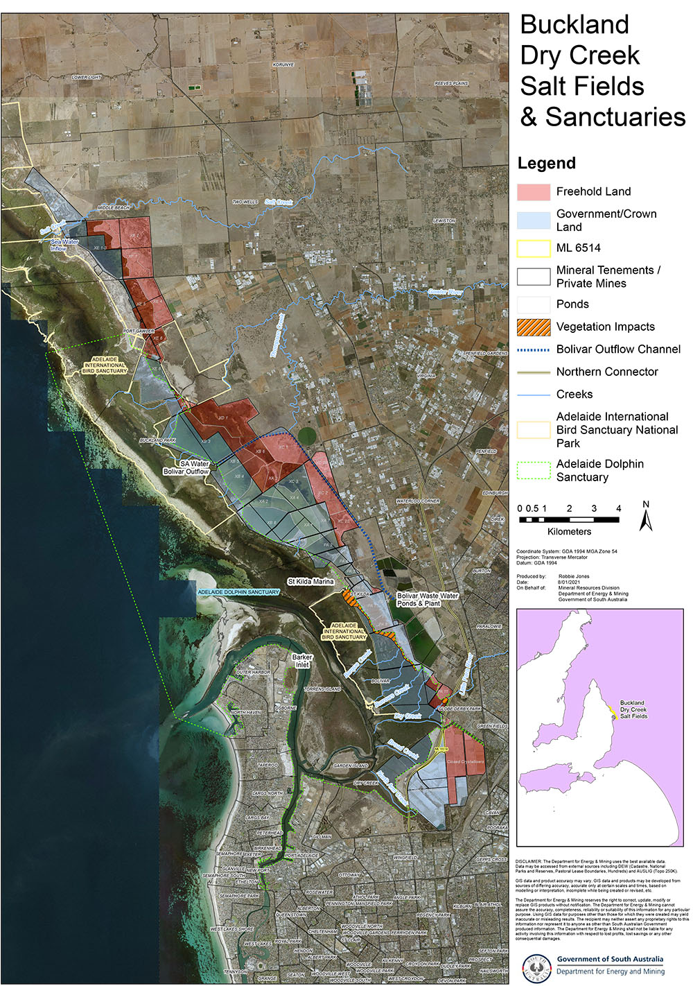 Aerial map of Buckland Dry Creek salt fields and sanctuarie and vegetation impacts