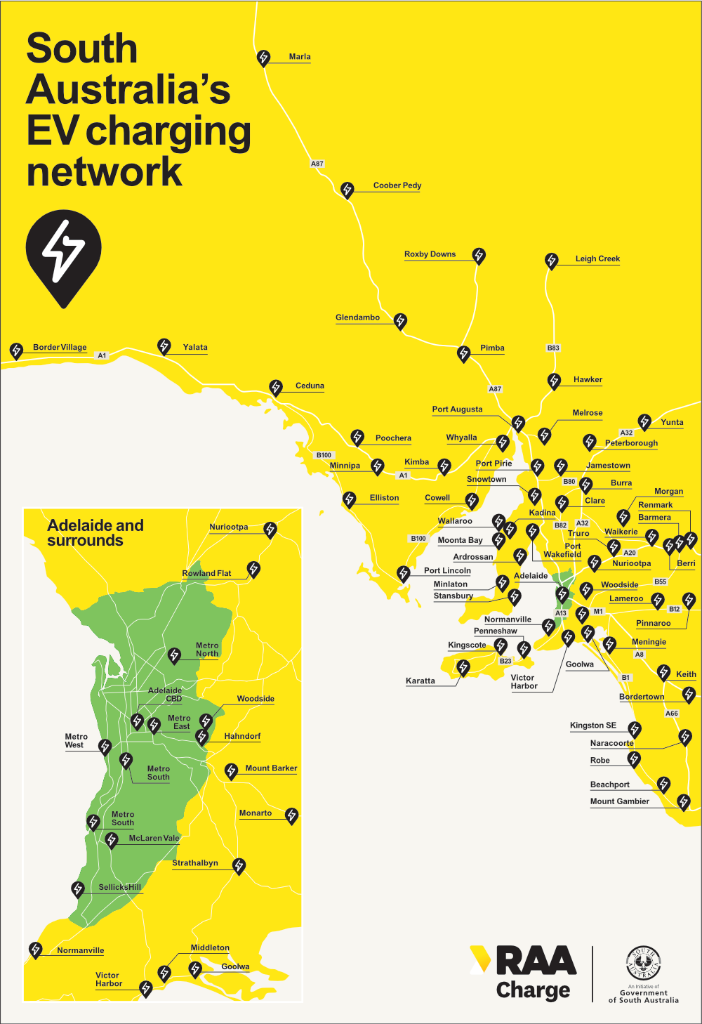 South Australia's EV charging network locations