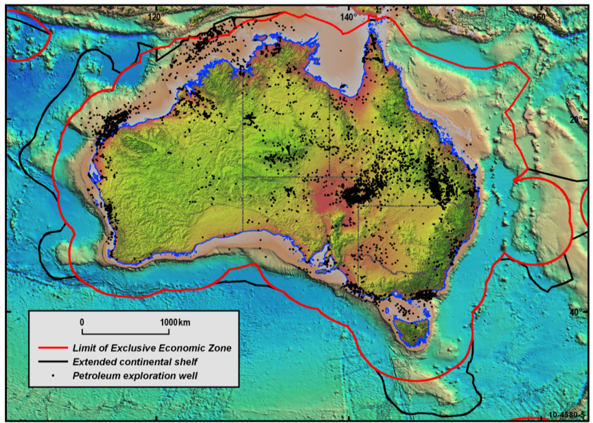 Map of Australia and its location on the continental shelf, showing location of petroleum wells. Courtesy Geoscience Australia