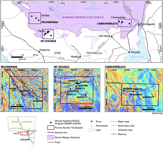 Figure 1 Location of drillholes MSDP01–14, Mineral Systems Drilling Program, southern Gawler Ranges.