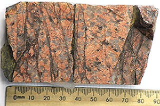 Figure 6b Breccia and fracture vein textures, Samphire granite, red granite domain. MRM843, 138.14–138.22 m. (Photo 416224)