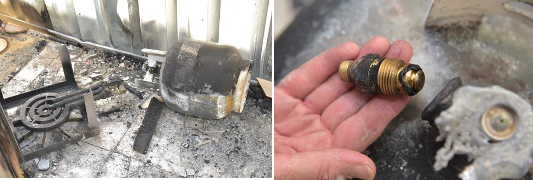 Photos of outdoor portable wok burner and damaged POL connector involved in explosion incident