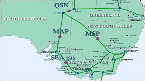 A map showing the southern and eastern Australian gas fields and major pipelines