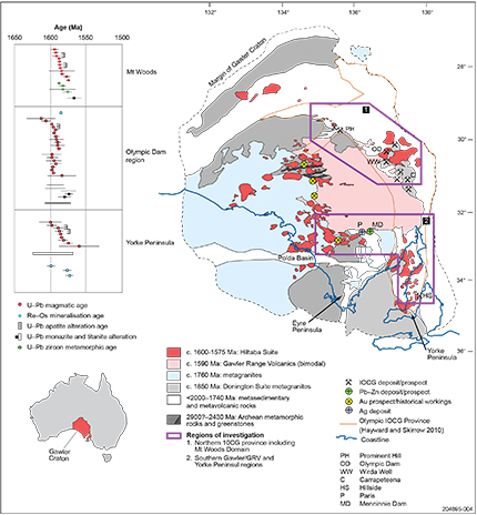 Figure 1 Simplified geology of the Gawler Craton showing the extent of the c. 1590 Ma intrusives and volcanics of the Hiltaba&ndash;GRV felsic large igneous province and the two regions of investigation. Both regions have a range of exposed crustal levels and varying precursor geology. Age constraints are taken from Skirrow et al. (2007) and Reid et al. (2013), and demonstrate ~30 my of thermal drivers for fluid flow, alteration and mineralisation.