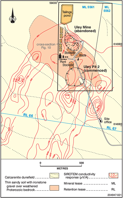Figure 9 Uley graphite mine area showing contours of electrical conductivity (SIROTEM ground survey) outlining subsurface extent of graphite mineralisation. Figure 9 Uley graphite mine area showing contours of electrical conductivity (SIROTEM ground survey) outlining subsurface extent of graphite mineralisation.