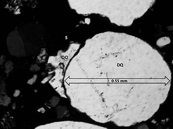 Figure 14 Bounding mantle of fine-grained sulfide minerals on detrital quartz.