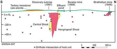 Longitudinal view of host unit with modelled resource ore lenses of Rankine Lode, looking west.