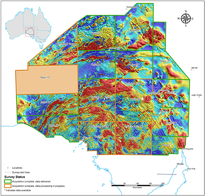 Figure 1 Gawler Craton Airborne Survey showing current status of data, August 2019.