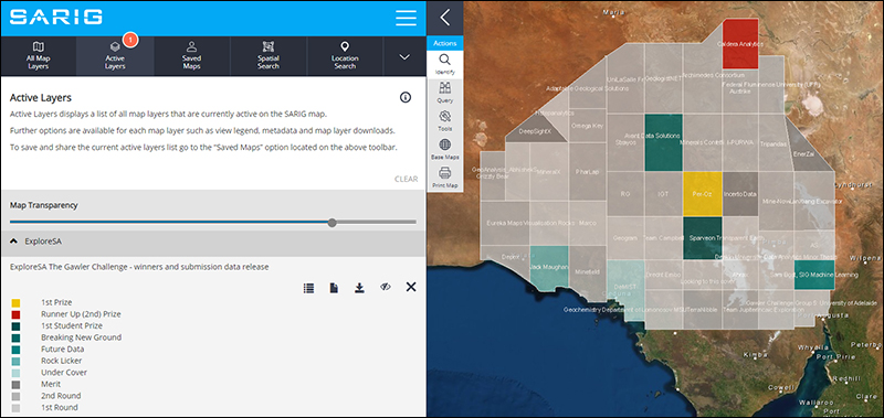 SARIG screenshot of ExploreSA: The Gawler Challenge winners and submission data releases.