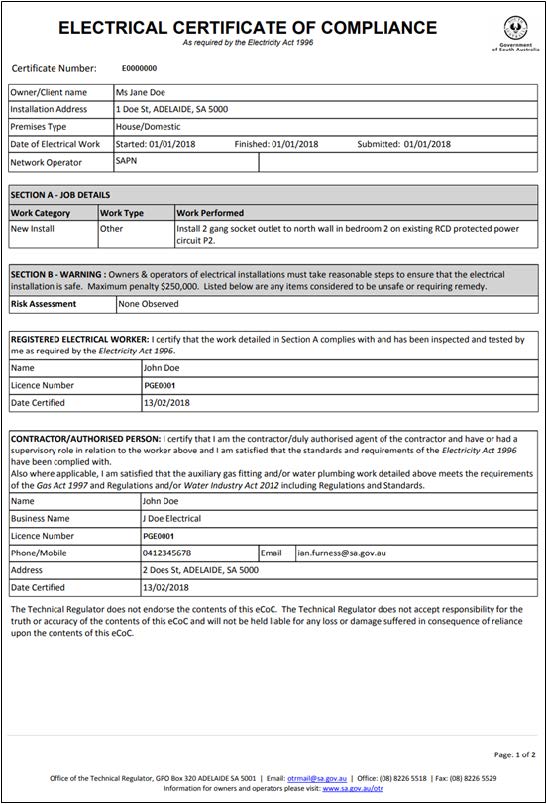 Appendix 3: Electronic Certificates of Compliance Form Example of an electrical electronic Certificate of Compliance.