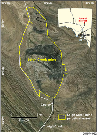 Figure 1 Location of the Leigh Creek coal mine shown over satellite imagery.