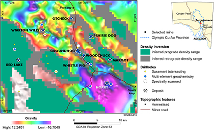 Figure 9 Density inversion results showing inferred prograde and retrograde within the Wallaroo Group, Punt Hill region.