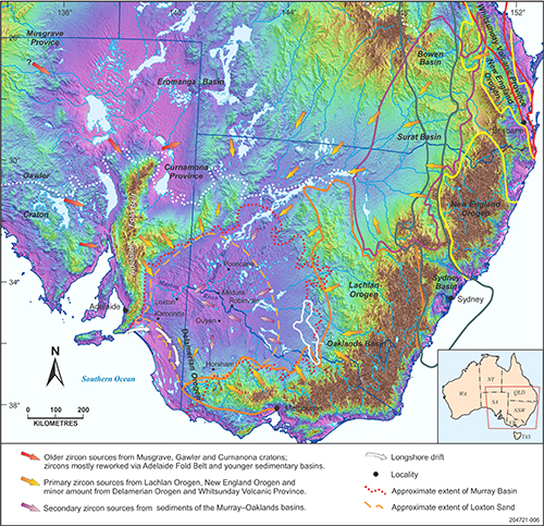 Figure 1 Zircon source regions — main orogenic belts and basins in the Murray Basin catchment.