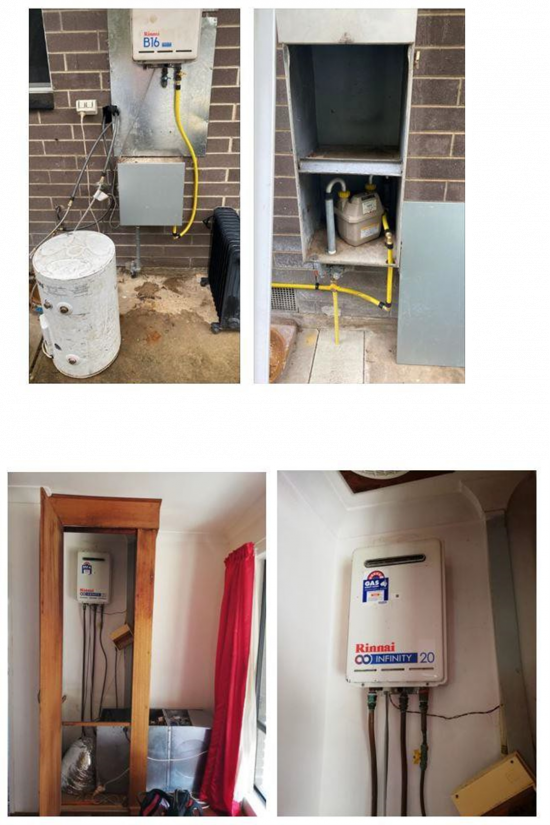 Figure A1 G11: Failed outlet service, and Figure A1 G12 showing DIY gas work by a homeowner. Two photos of a failed outlet service (Figure A1 G11) and two photos of DIY gas work by a homeowner (Figure A1 G12).