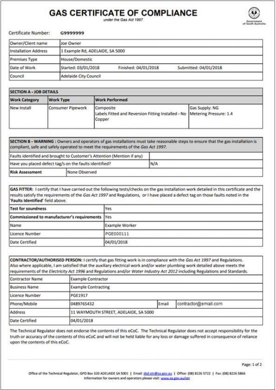 Gas electronic Certificate of Compliance. Example of a gas electronic Certificate of Compliance.