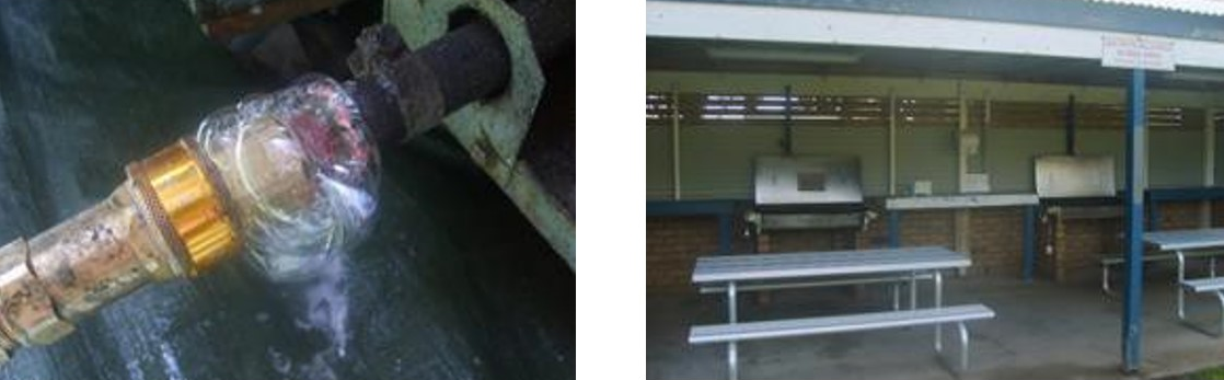 Photos showing the communal cooking facility at a caravan park consisting of tables and benches and cooking facilities  and a gas pipe that required remedial work.