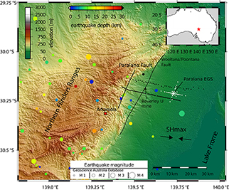Figure 1 MT stations (black triangles, this study; white triangles, Peacock et al. 2013) over topography. Coloured circles denote earthquake epicentres and magnitudes across the survey area although depths are poorly constrained. Reprinted from Thiel et al. (2016; fig. 1) with permission from the American Geophysical Union.