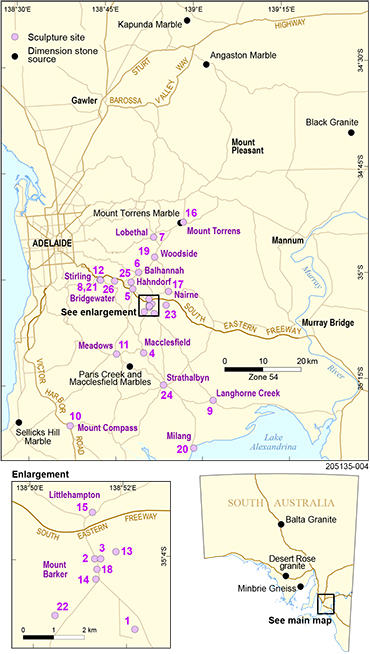 Figure 1 Locality map showing the 26 sites that make up the Hills Sculpture Trail and their dimension stone sources. Figure 1 Locality map showing the 26 sites that make up the Hills Sculpture Trail and their dimension stone sources.