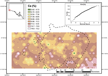Figure 5 Calcium in shallow soils measured using pXRF for the Coompana region.
