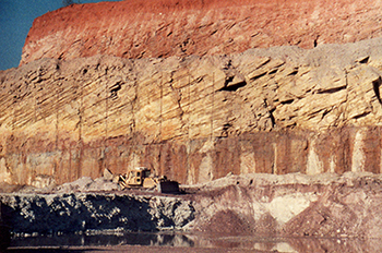 Figure 8 Cross-bedded Whyalla Sandstone overlying flat-bedded Whyalla Sandstone in the Cattle Grid Mine open cut. (Photo 417753) Figure 8 Cross-bedded Whyalla Sandstone overlying flat-bedded Whyalla Sandstone in the Cattle Grid Mine open cut. (Photo 417753)