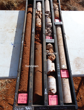 Figure 6d Brown sandplain deposits and white pedogenic calcrete. (Photo 417798) Figure 6d Brown sandplain deposits and white pedogenic calcrete. (Photo 417798)